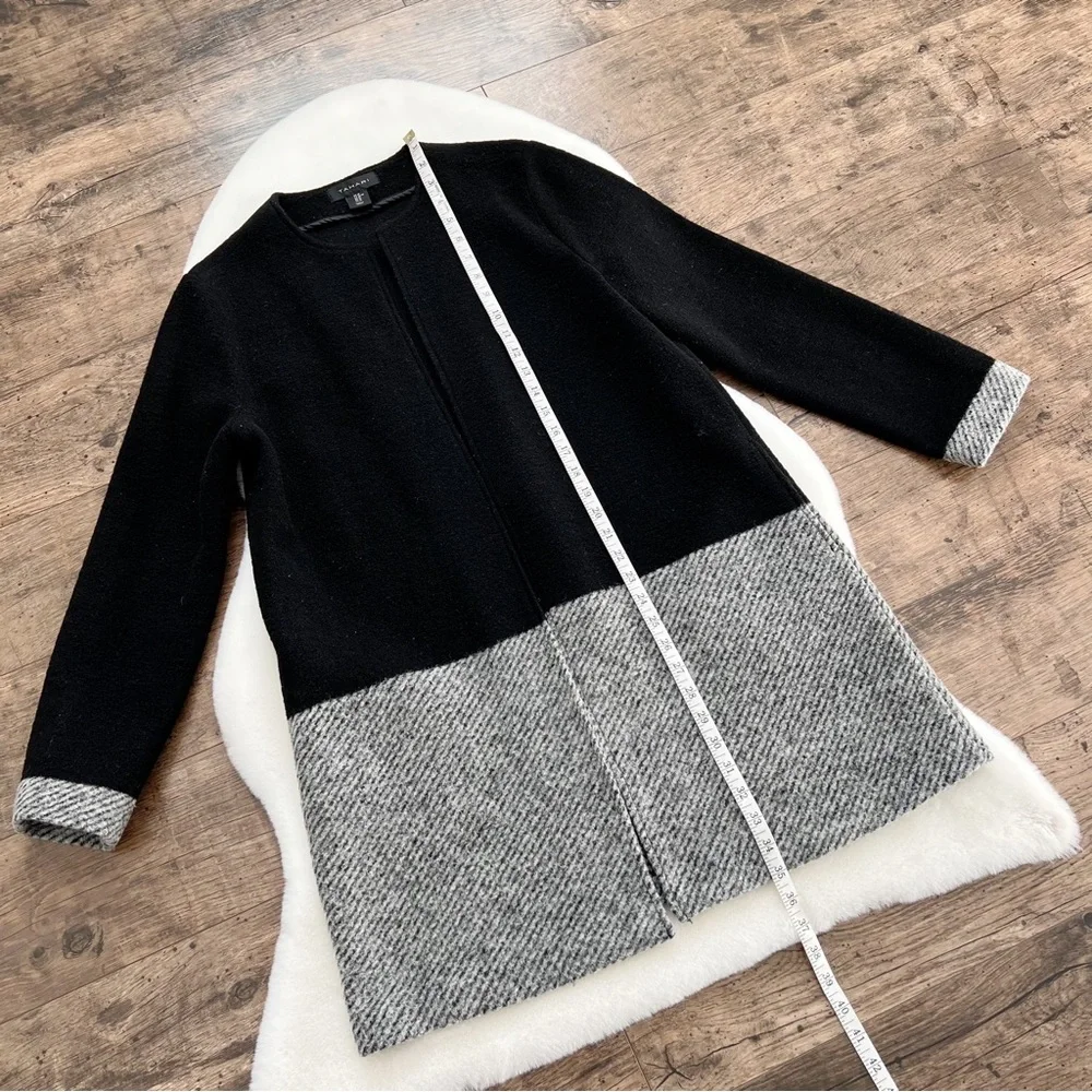 Tahari Wool Cardigan Jacket Colorblock Duster Jacket Black Grey Stripe Medium - Picture 14 of 16